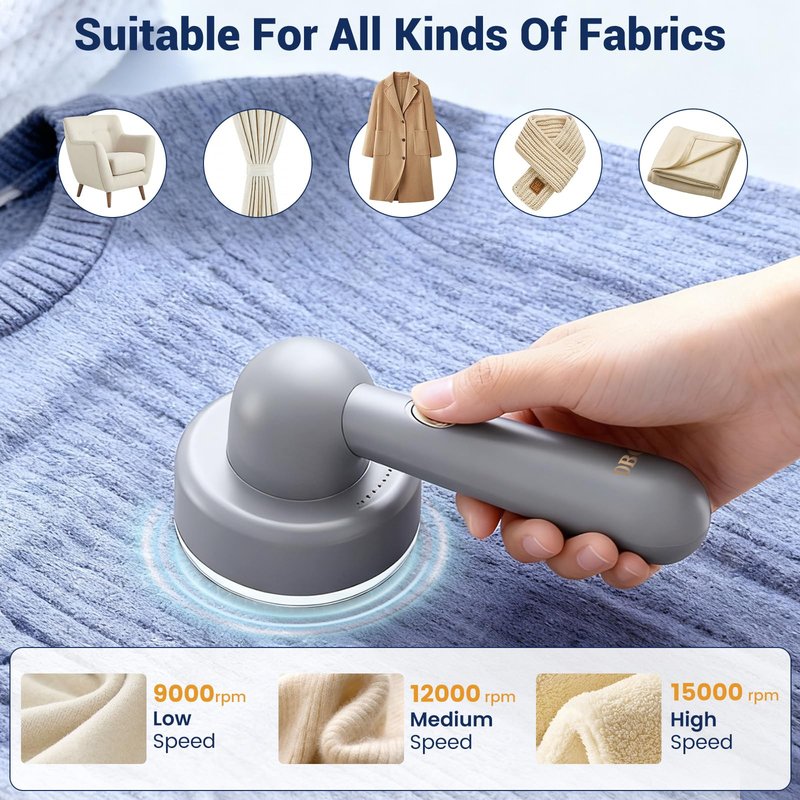 DBC Fabric Shaver & Lint Remover for Clothes, Sweaters & Furniture - 6-Leaf Blade, 3 Speeds, 2H Runtime, Portable Design Perfect for Travel, Includes 2 Extra Blades - Grey