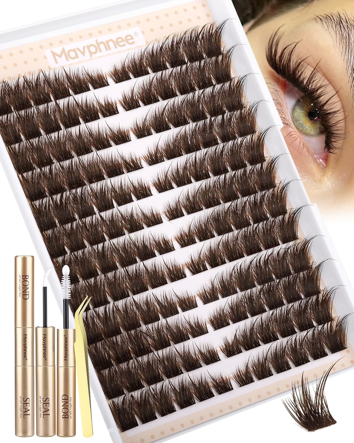 Anime Cluster Lashes - Brown Wispy Eyelash Extensions | C-Curly Spiky Manga DIY Pack (108 Pcs, 10-16MM)