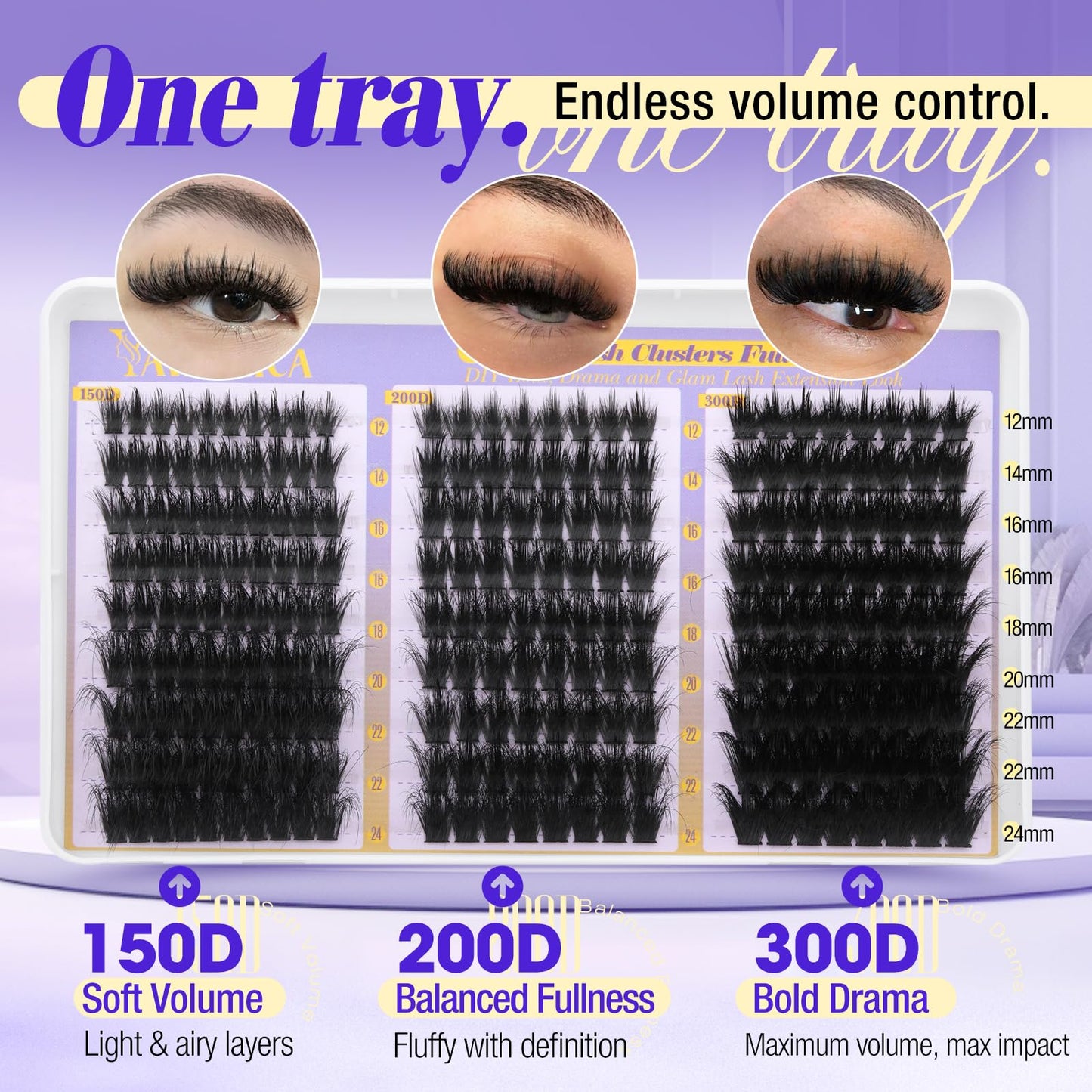 Fluffy Lash Clusters 150D+200D+300D Thick Volume Cluster Eyelash Extensions 12-25mm Dramatic Long Eyelash Clusters Wispy Individual Lashes D Curl Cluster Lashes DIY Glam Lash Extension by Yawamica