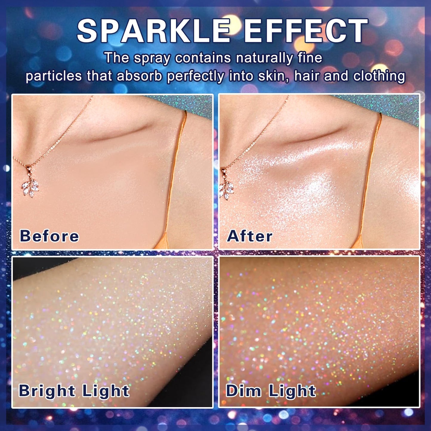 DAMUSI Silver Body Glitter Spray, Shiny Hair and Body Glitter Spray for Clothes, Holographic Glitter Hairspray Quick-Drying Long-Lasting Shimmer Highlighter Powder for Festival Concert Party Rave Prom