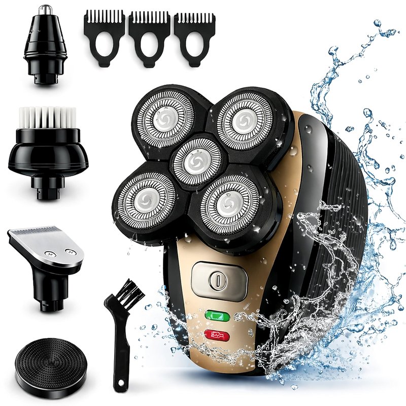 The Perfect Part 5-in-1 Rotary Electric Razor Bald Head Shaver | 4D Rechargeable and Cordless Beard Trimmer | Includes Skull Shaver, Clippers, Nose Hair Trimmer, Face Scrubber & Facial Cleansing Brush