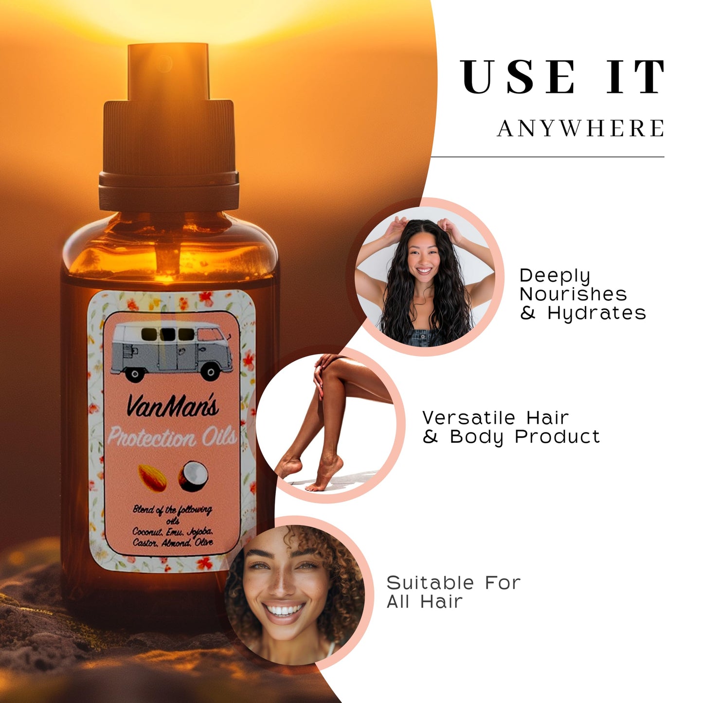Vanman - Protection Oil Hair Serum - Infused with Castor, Jojoba, Almond, Olive, Emu, Coconut Oil - Fragrance-Free Growth Serum - For Dry and Frizzy Hair - 4 Ounce