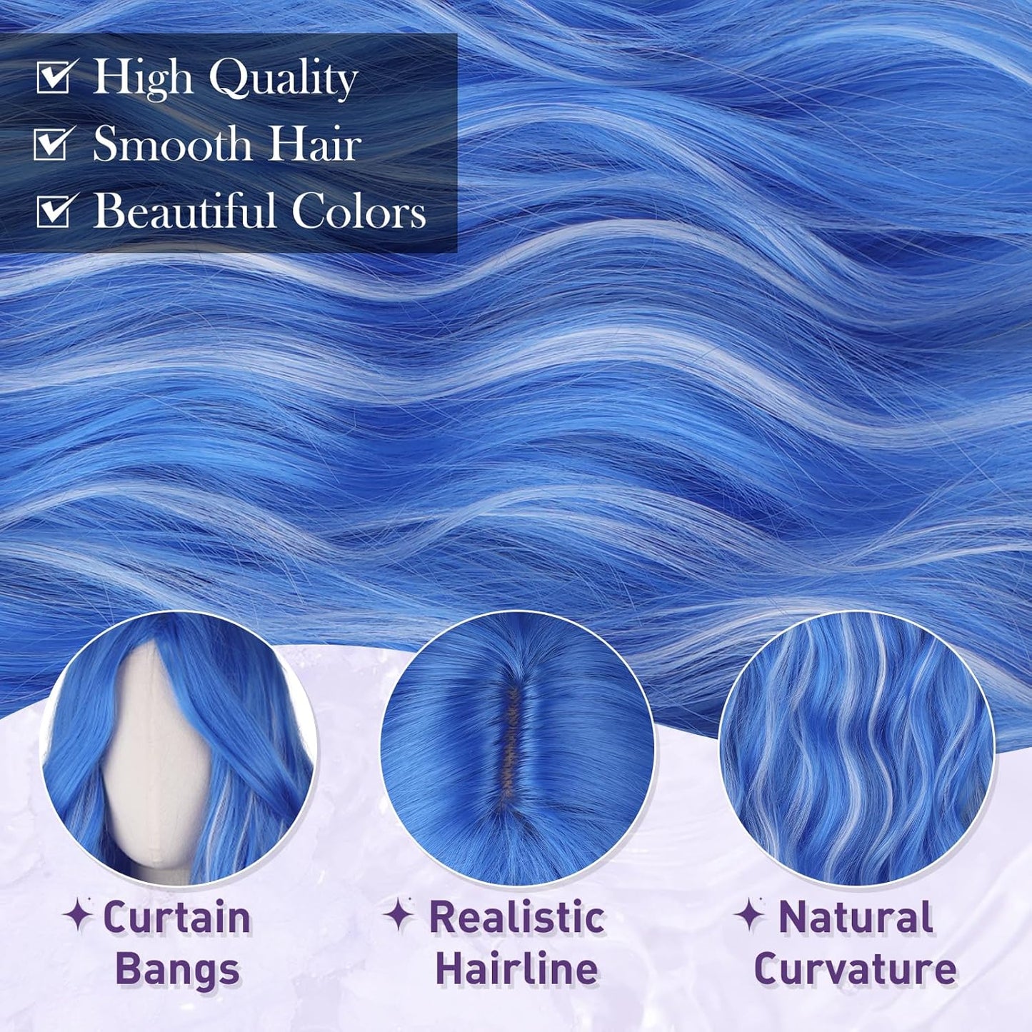 Blue Wigs with Curtain Bangs - Long Wavy Synthetic Hair Wig for Women | 26 Inch Blue Mixed Grey