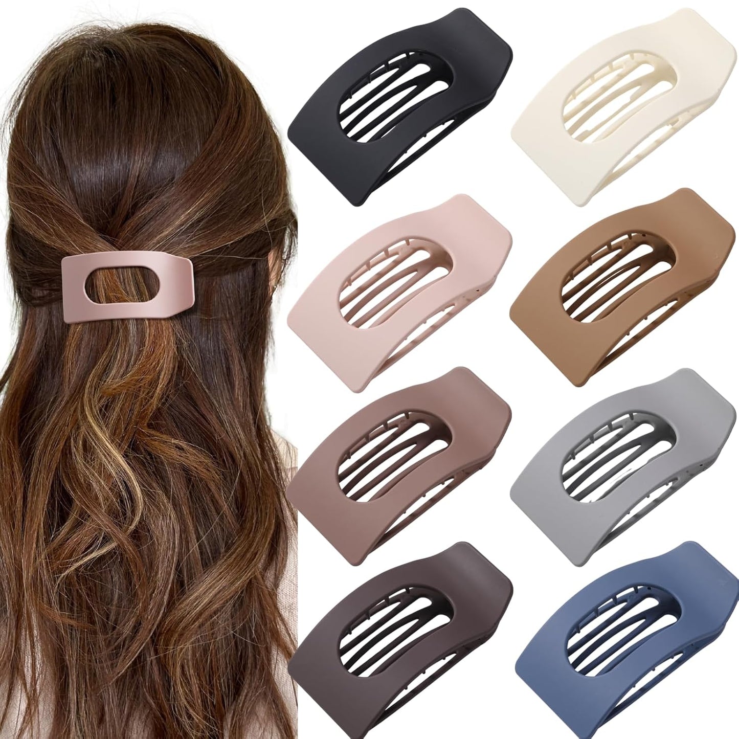 Flat Hair Clips for Women - 8 Pack Large Matte Rectangle No-Slip Claw Clips | Strong Hold for Thick & Thin Hair