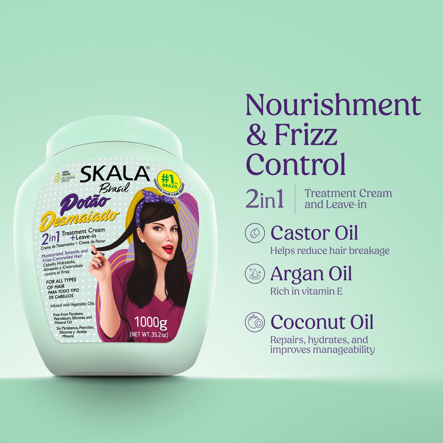 SKALA Potão Desmaiado 2-in-1 Treatment Cream and Leave-In Conditioner Frizz Control and Volume Reduction for All Hair Types, 35.2 oz