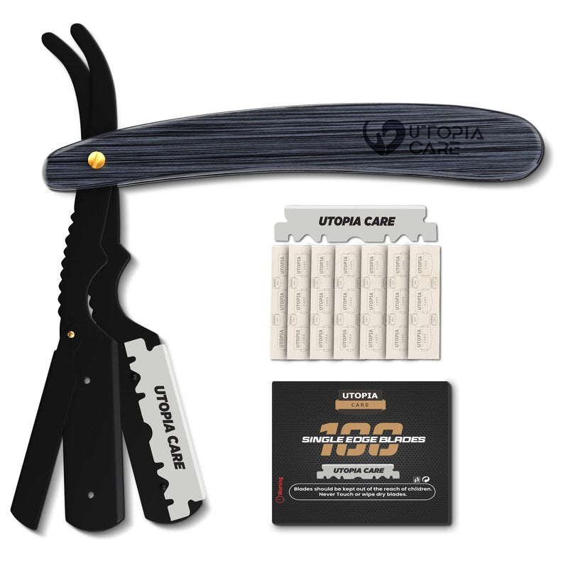 Utopia Care Straight Razors For Men, Professional Barber Straight Edge Razor with 100 Single Edge Blades, Stainless Steel, Beard Shaving Kit For Men, Premium Smooth Wooden Grip, Black
