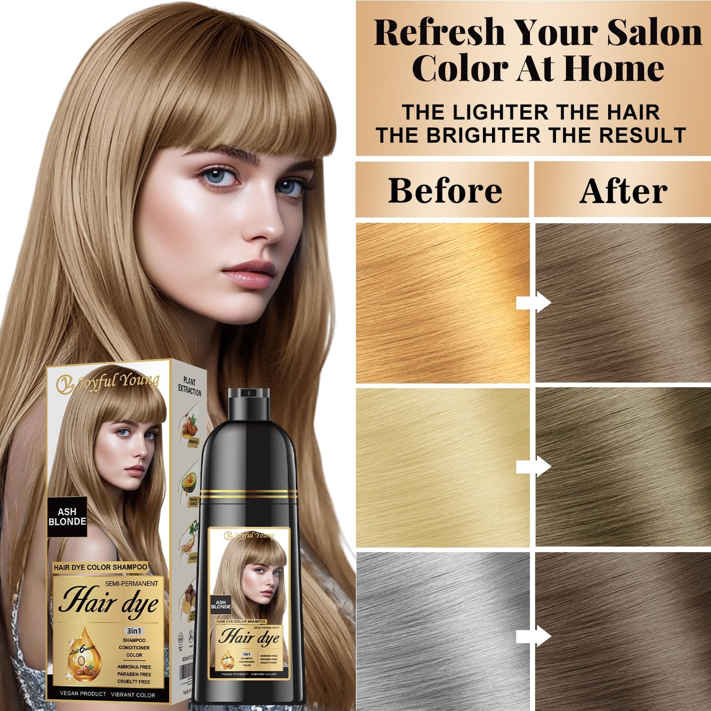 Hair Dye Shampoo 3-in-1 - Ash Blonde Semi-Permanent Gray Coverage | Vegan & Ammonia-Free