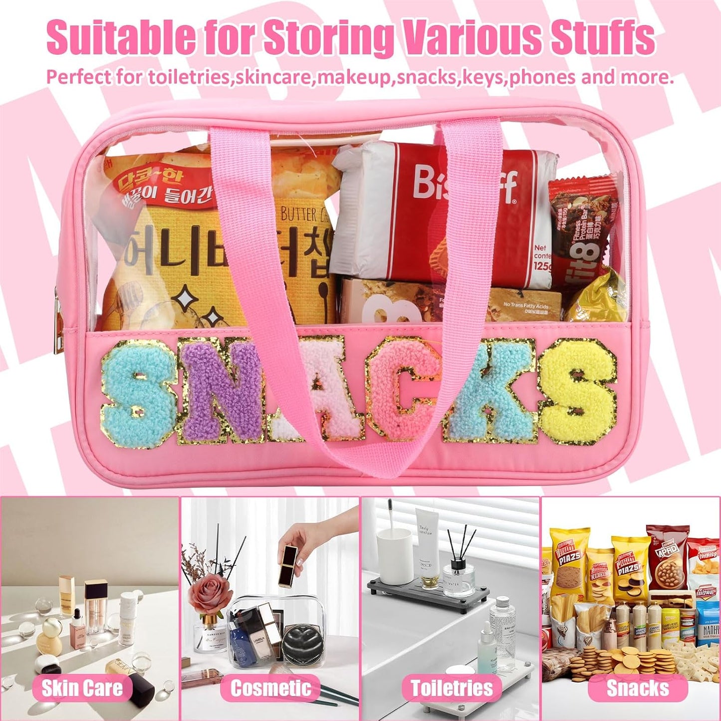 Chenille Letter Patch Clear Travel Bag - Waterproof PVC & Nylon Makeup Organizer | Large Size for Women & Girls