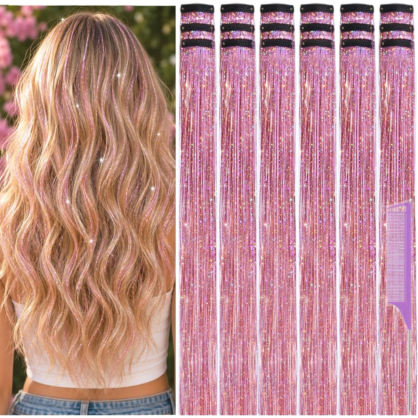 Hair Tinsel Extensions - 22 Inch Pink Glitter Clips | 18 Pcs Fairy Hair Accessories for Women & Girls