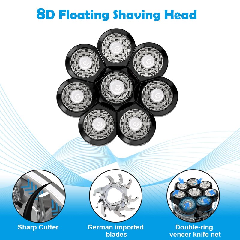 Electric Shaver Replacement Heads 8D - 8 Blades Head Shaver Black Replacement Universal Stainless Steel Rotary Blade Refills for Bald Head Razor for Men (8 Heads Black)