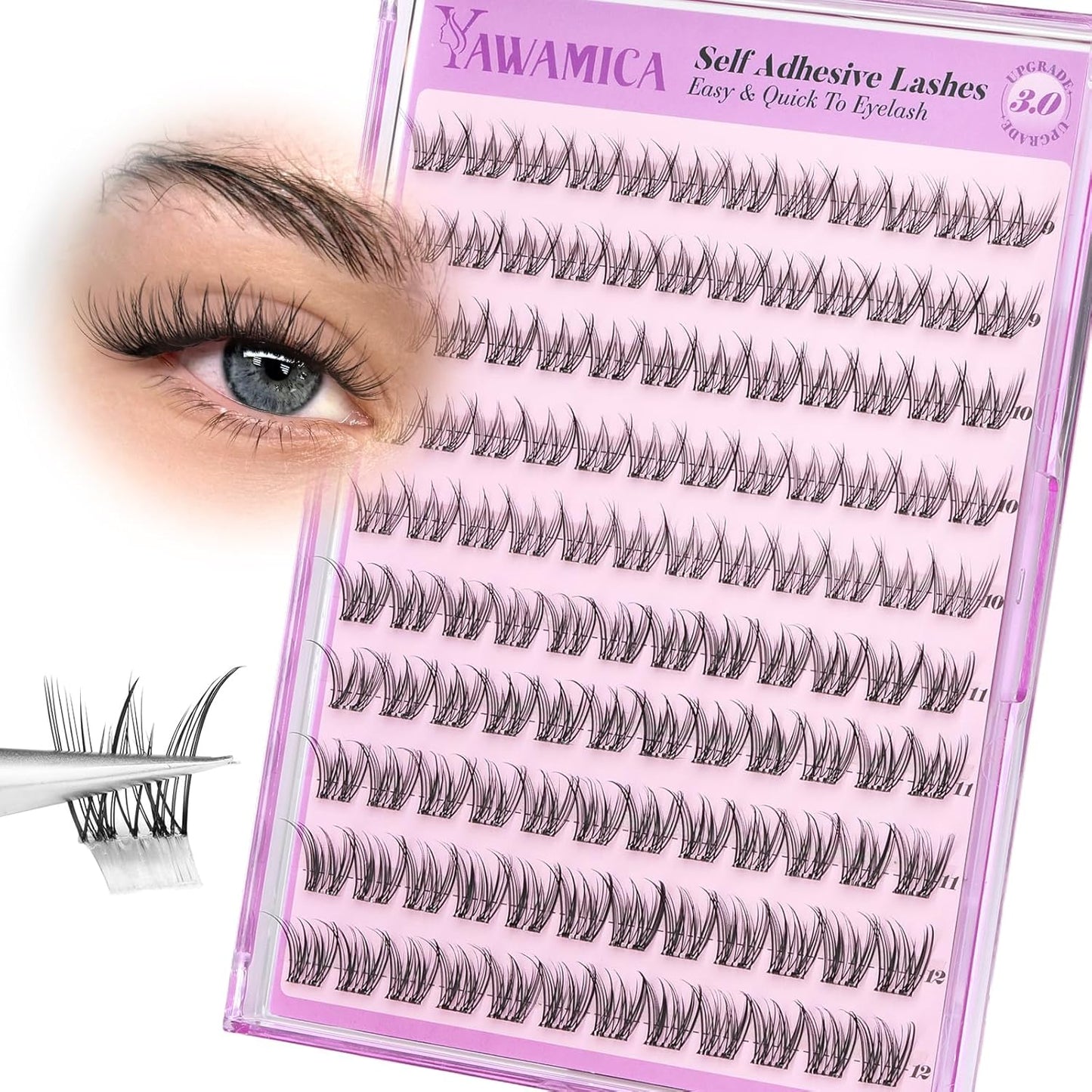Self-Adhesive Brown Lash Clusters | Wispy Natural Pre-Glued Eyelash Extensions 10-14mm for 24-Hour Hold