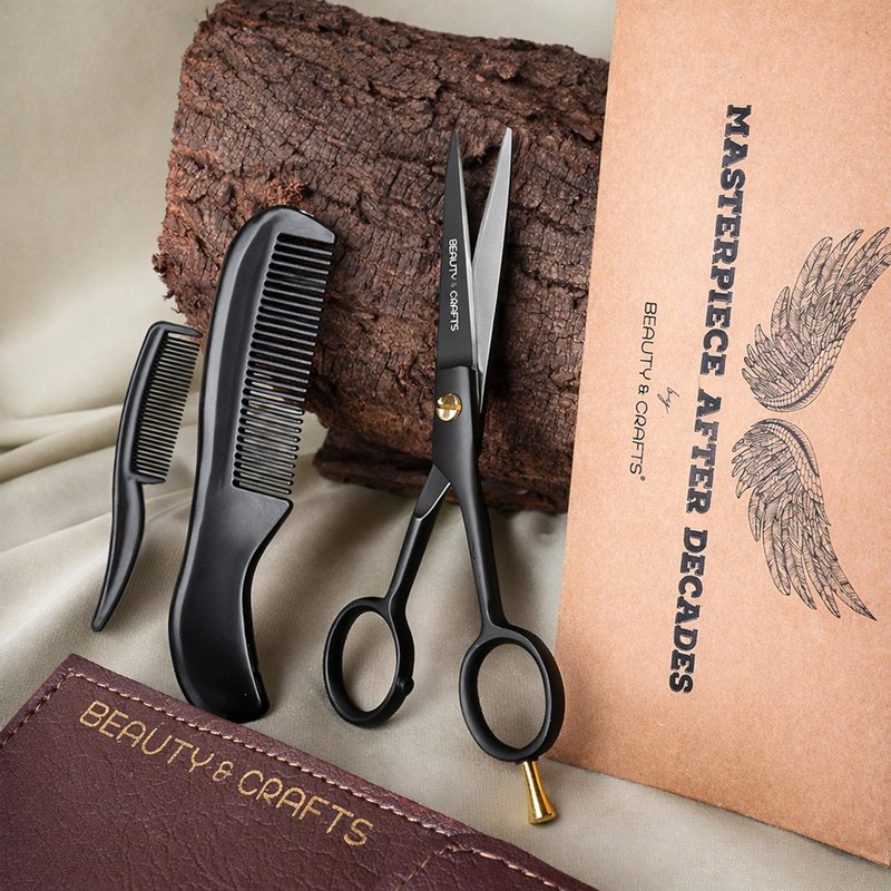 Beauty & Crafts 5” Professional Beard & Mustache Scissors for Men | German Stainless Steel Beard Trimming Shears with 2 Mustache Combs & Premium Pouch for All Facial Hair (Black)
