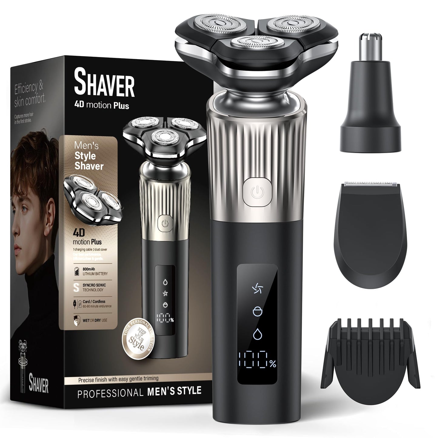 Electric Razor for Men 8011 Series, 4D Floating Rotary Head, IPX7 Waterproof Wet & Dry Use, USB-C Fast Charge, 90Min Runtime, Hypoallergenic Blades, Portable Travel Grooming Kit