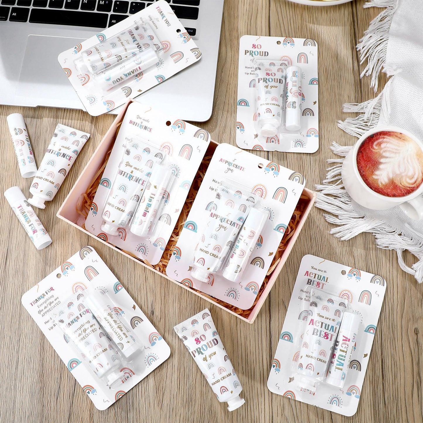 Loopeer 24 Set/ 48 Pcs Back to School Teacher Employee Appreciation Gift Bulk Boho Rainbow Lip Balm Hand Cream Lotion Set Small Team Thank You Gifts Party Favor for Women Classroom Staff Coworker