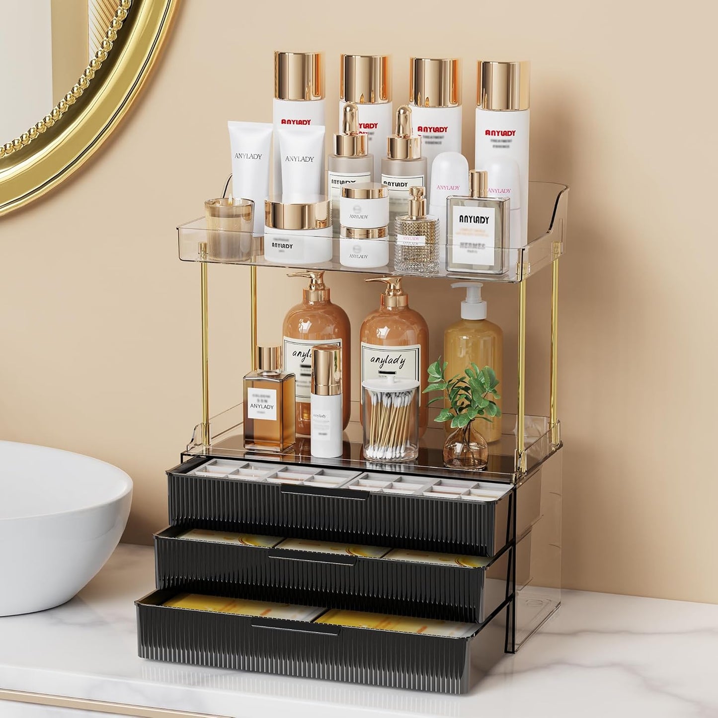 Bathroom Organizer - Sturdy Makeup Storage for Vanity & Countertop | Gold Cosmetic Dresser Organizer