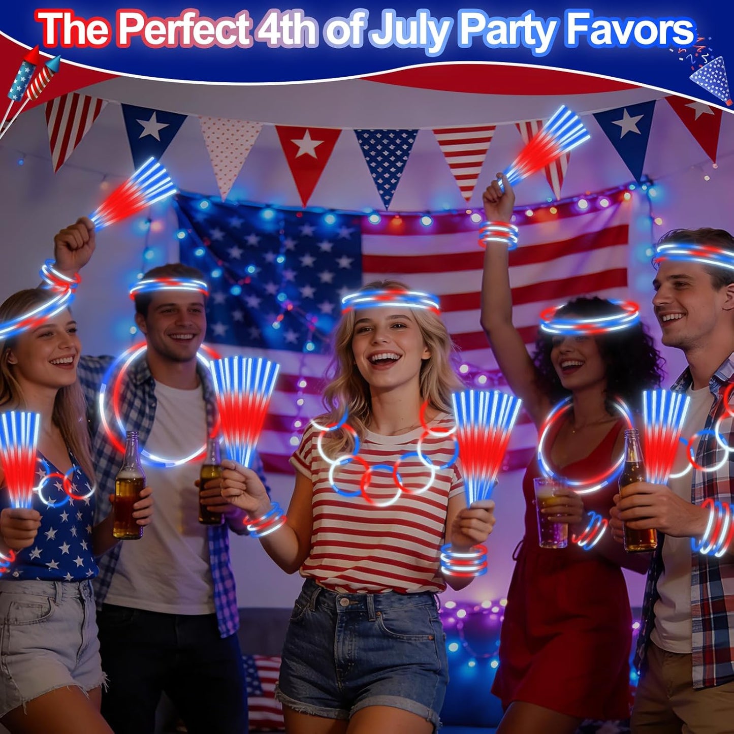 Glow Sticks for 4th of July | 200 Pcs Neon Party Favors with Connectors - Red, White, Blue Bracelets & Necklaces