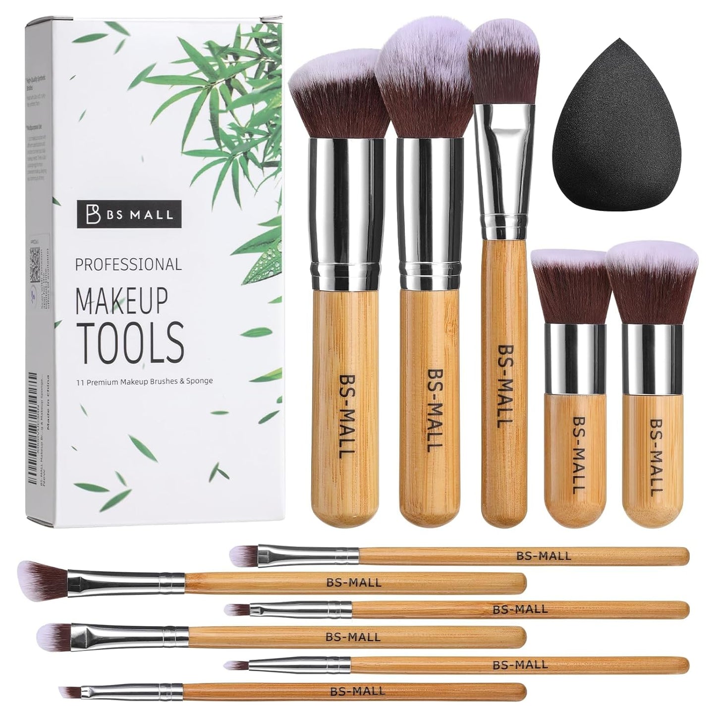 BS-MALL Makeup Brush Set - 11 Pcs Professional Bamboo Brushes for Foundation, Blush & Eyeshadow | Ideal for Travel & Beginners