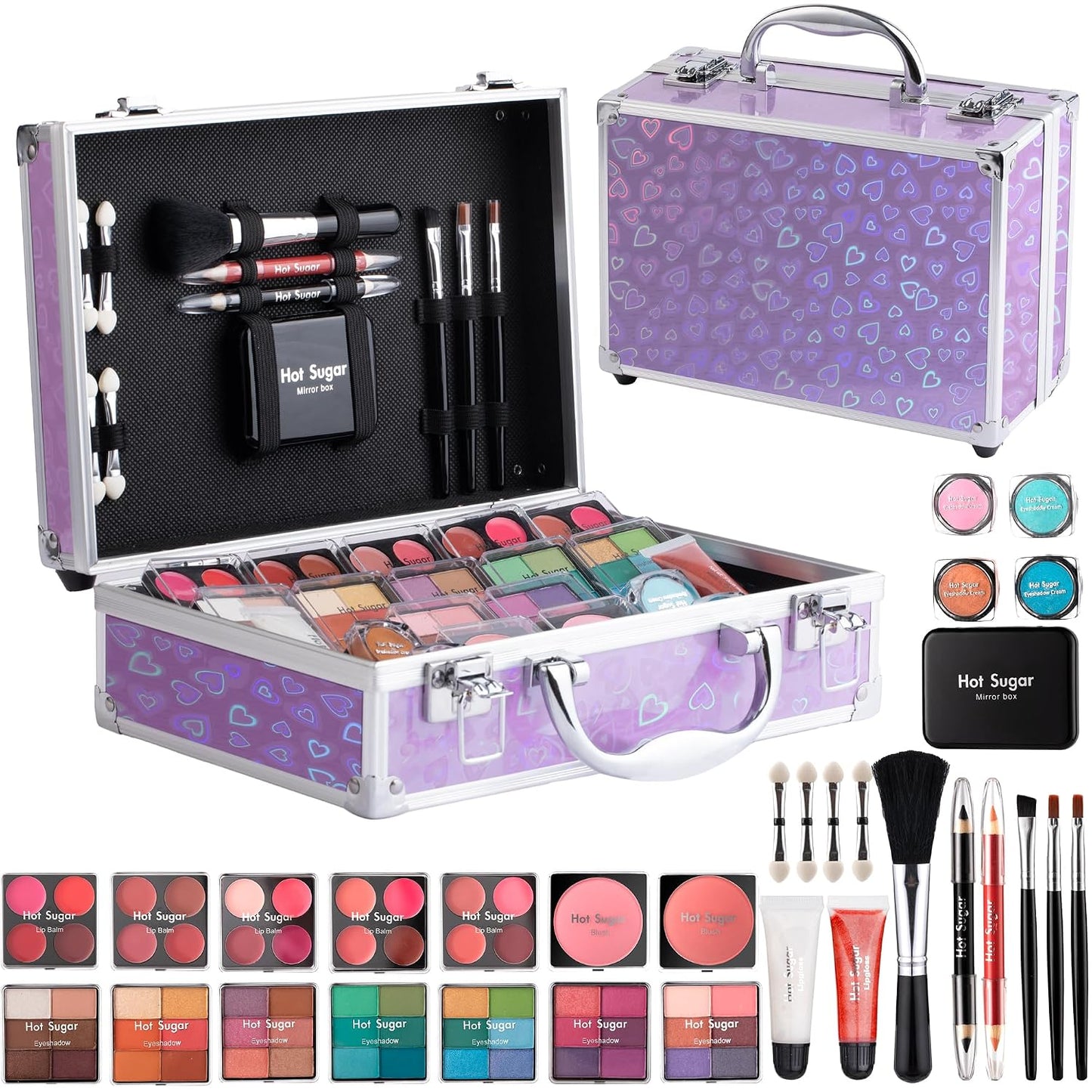 Makeup Kit for Teen Girls - Complete Starter Cosmetics Set with Eyeshadow, Lip Balm, Blush, Gloss & Mirror | Gold Check