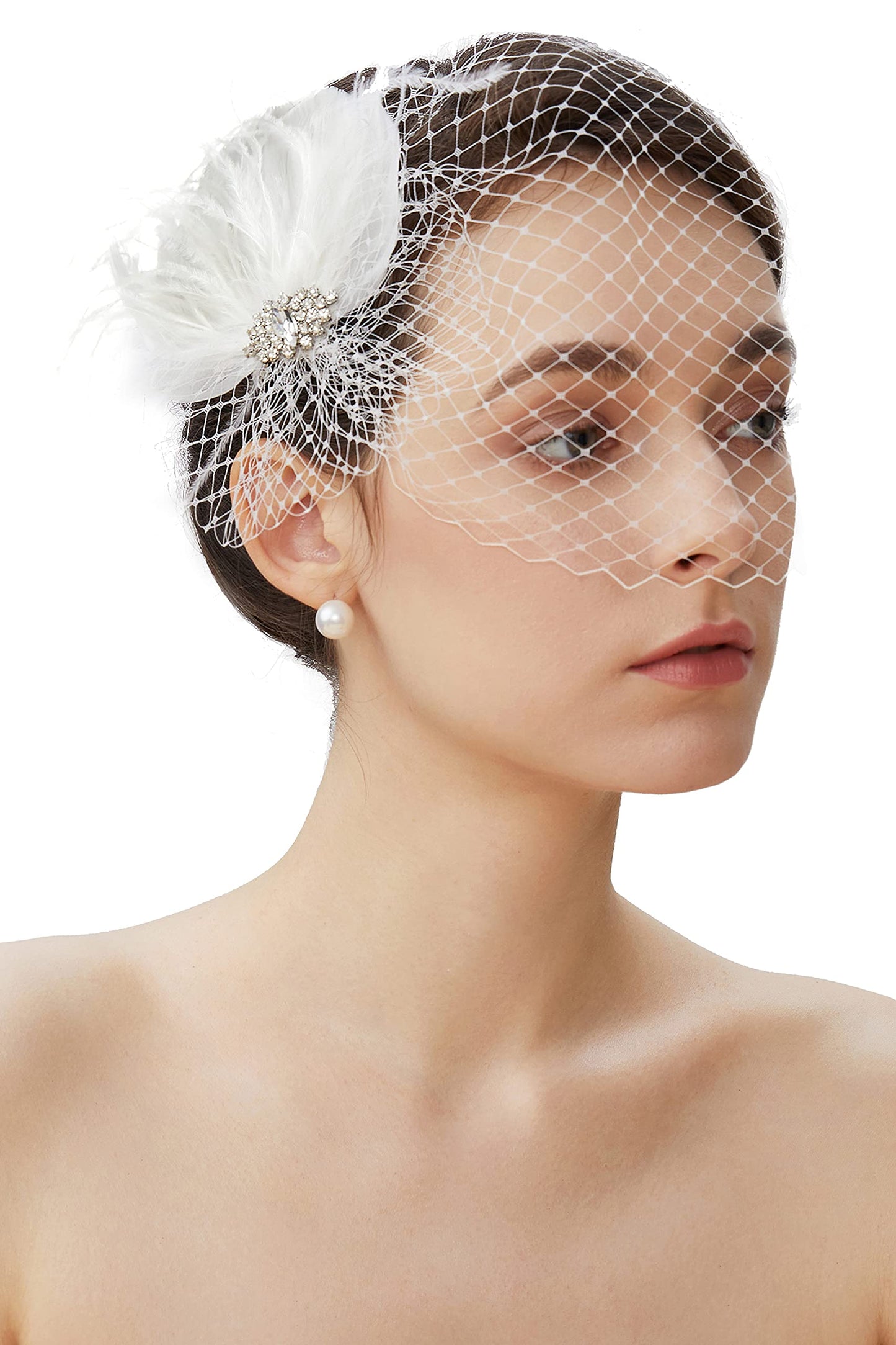 BABEYOND Veil Fascinator Hat for Women Feather Fascinators Hair Clip with Removable Veil Tea Party Hat Bridal Wedding White