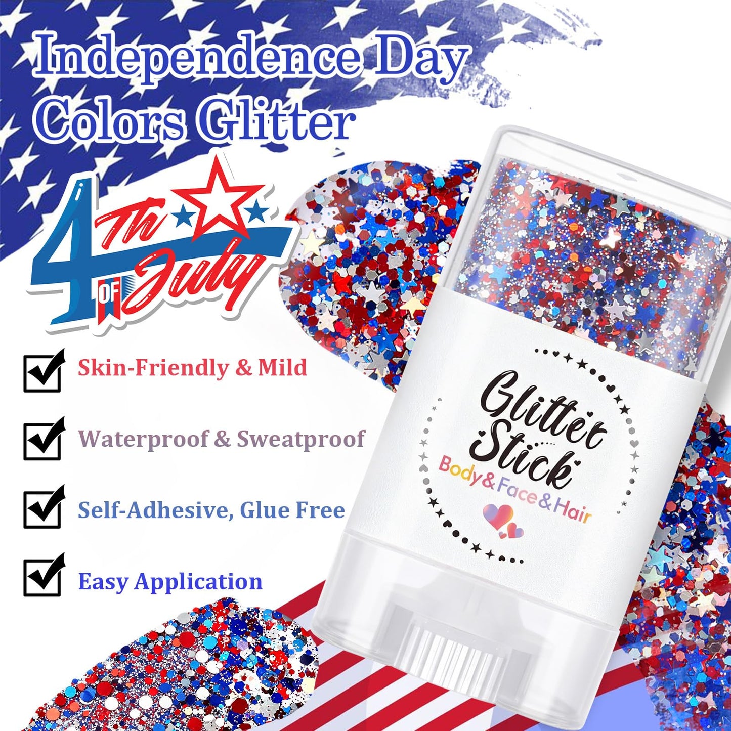 2PCS Red White and Blue Hair Glitter Stick, 4th of July USA Flag Face Body Glitter, Waterproof Patriotic Makeup for Independence Day & Football Game, Sparkling Face Paint for Women