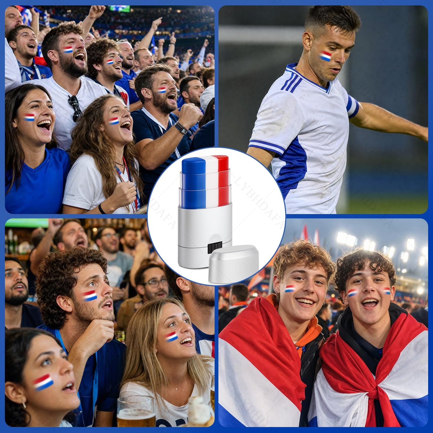 2PCS Red White and Blue Face Body Paint Stick for World Cup 2026, USA Patriotic Baseball Softball Eye-Black, 4th of July Accessories for Women, Soccer Fans Makeup (America France Netherlands Croatia)