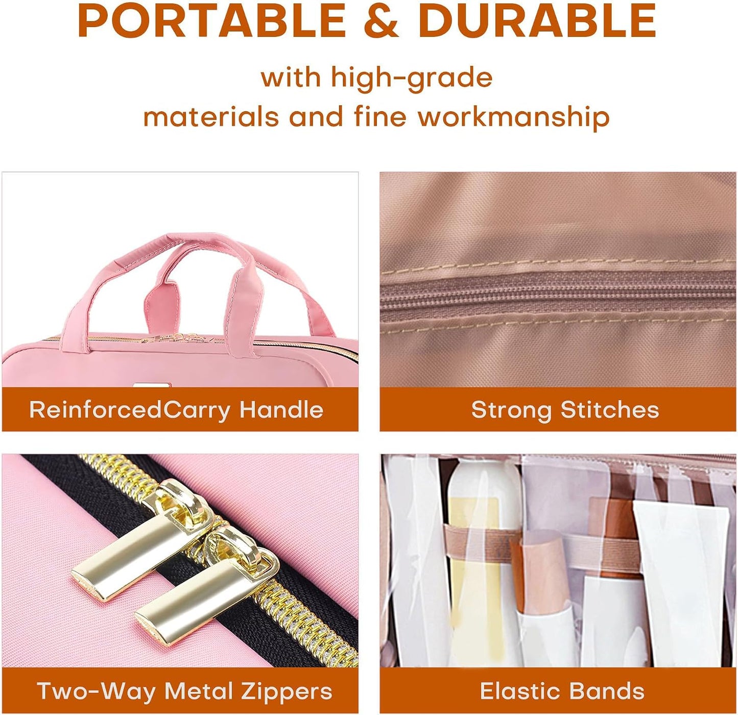 Toiletry Bag - Water-Resistant Travel Organizer with Hanging Hook | Large Light Pink for Makeup & Accessories