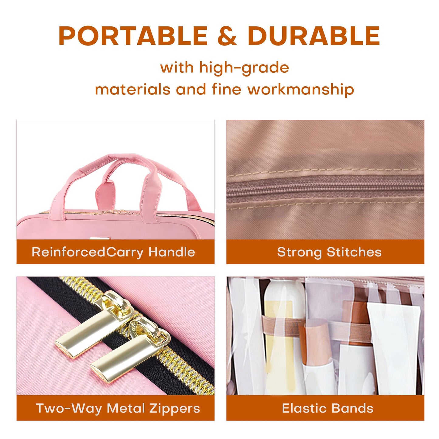 BAFAMYE Toiletry Bag Travel Bag with Hanging Hook, Water-Resistant Makeup Cosmetic Bag Organizer for Accessories, Full-Size Shampoo and Toiletries, Large, Light Pink, BAF-019