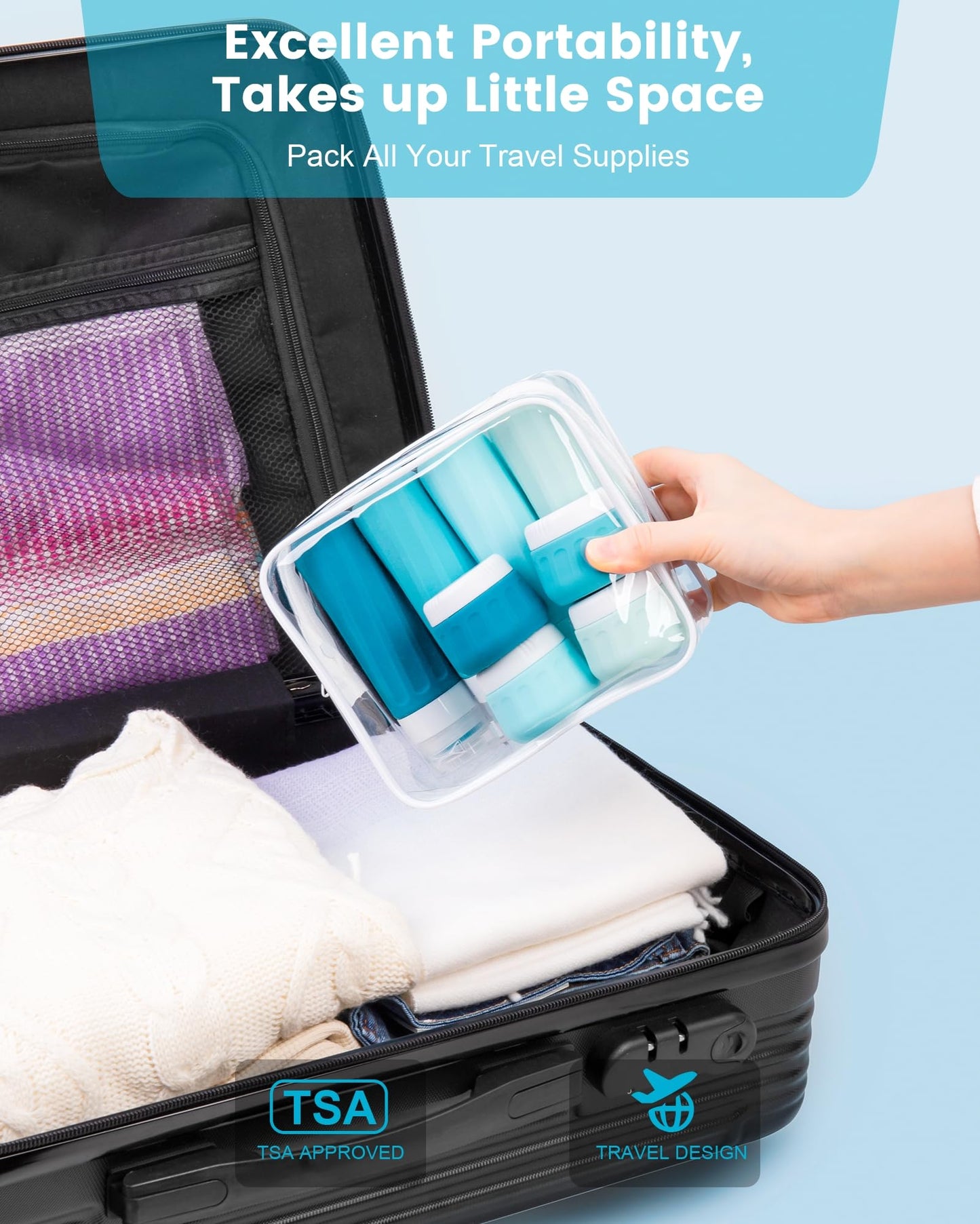 Mrsdry Travel Bottles for Toiletries, Travel Size Toiletries 10 Pack, Tsa Approved Travel Size Containers 3oz, with Travel Essentials Clear Bag, Leak Proof Silicone Squeezable Creams Jars