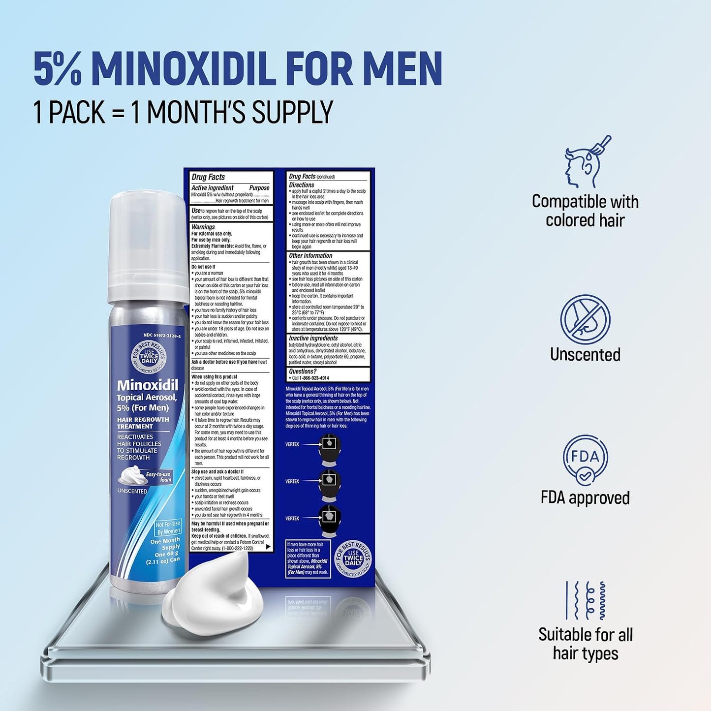 Minoxidil 5% Hair Regrowth Foam - 4-Month Treatment for Men | 2.11 oz (4 Pack)