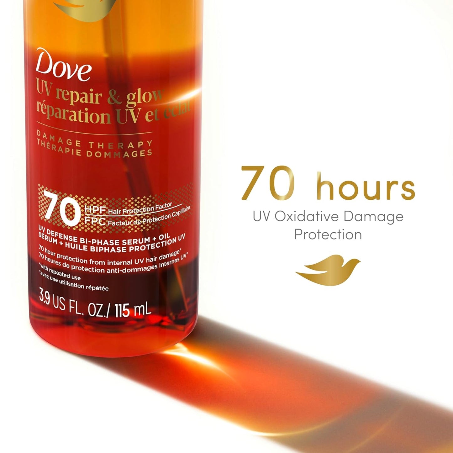 Dove Damage Therapy Bi-Phase Serum & Oil - UV Repair & Glow, 3.9 fl oz | 70-Hour Hair Protection