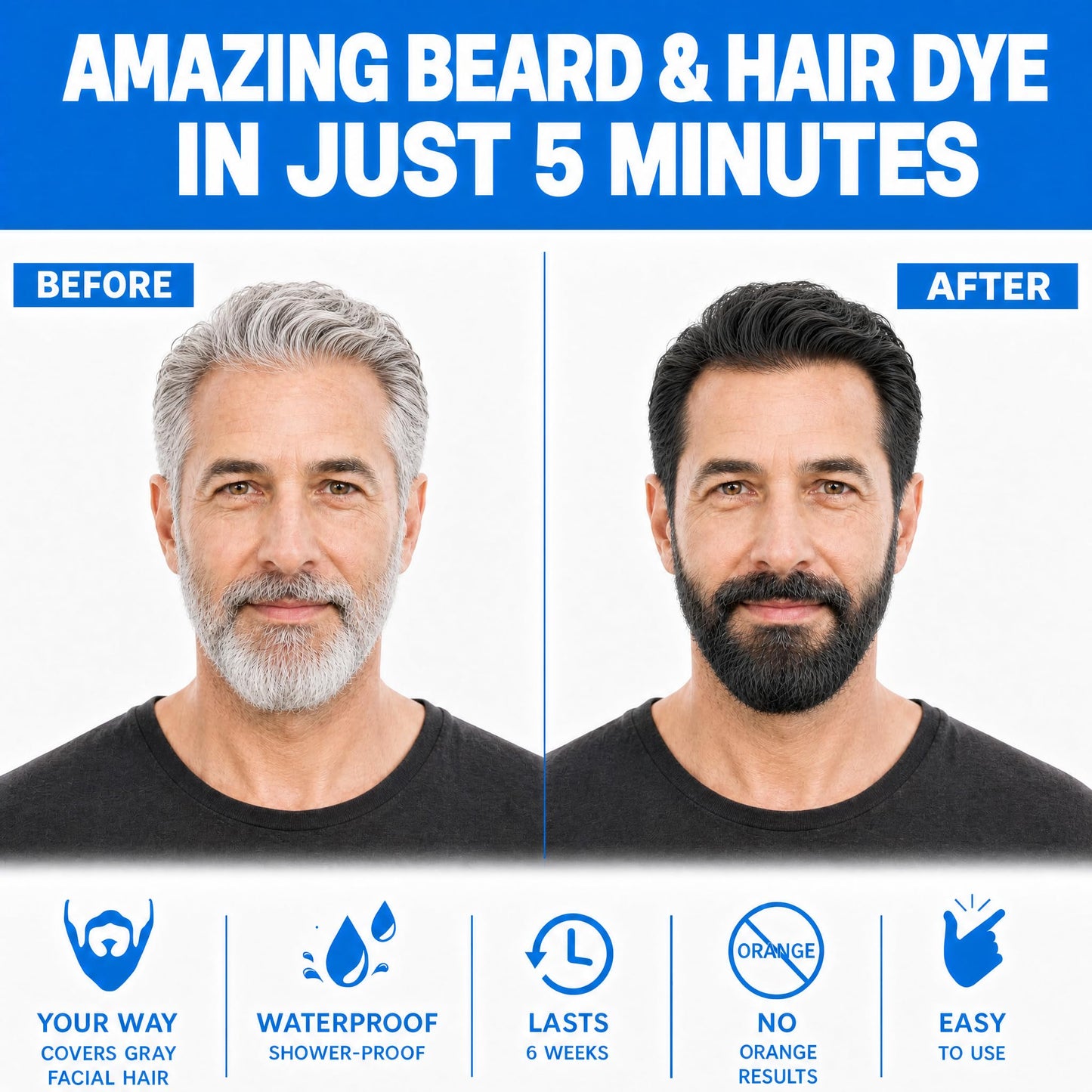 Men's Black Beard and Hair Dye Shampoo 3 in 1 - Long-Lasting Herbal Coloring for Gray Hair, Mustache & Beard in Minutes, 6.76 Fl Oz