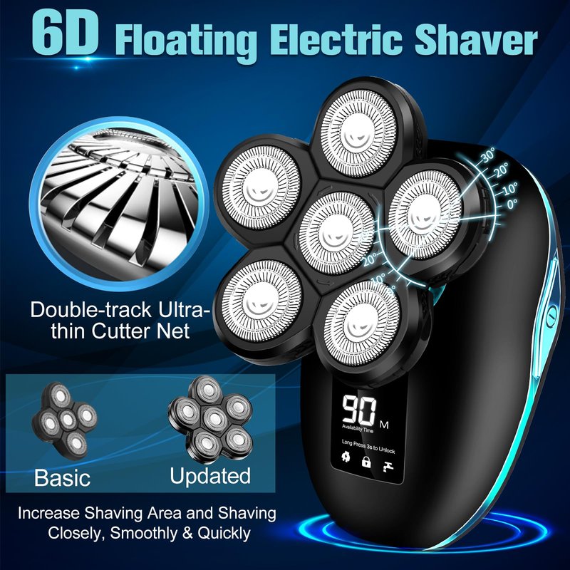 Electric Head Shaver for Bald Men, 6 in 1 Mens Electric Heads Razor Bald Head Shaver Cordless Razor Men, IPX7 Wet/Dry Waterproof Men's Rotary with Shavers Kit LED Display (Green)