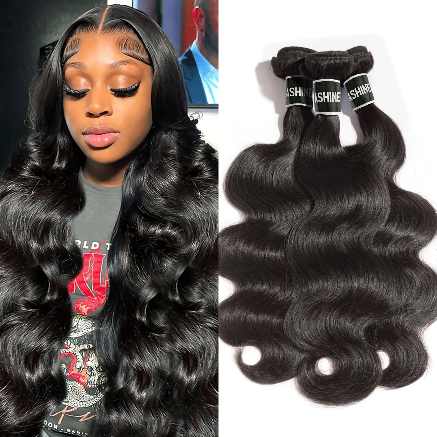ASHINE Human Hair Bundles Body Wave, Unprocessed Cambodian Raw Hair Bundles for Women Natural Black 14 16 18 Inch, Keep Soft and Silky After Multiple Washes