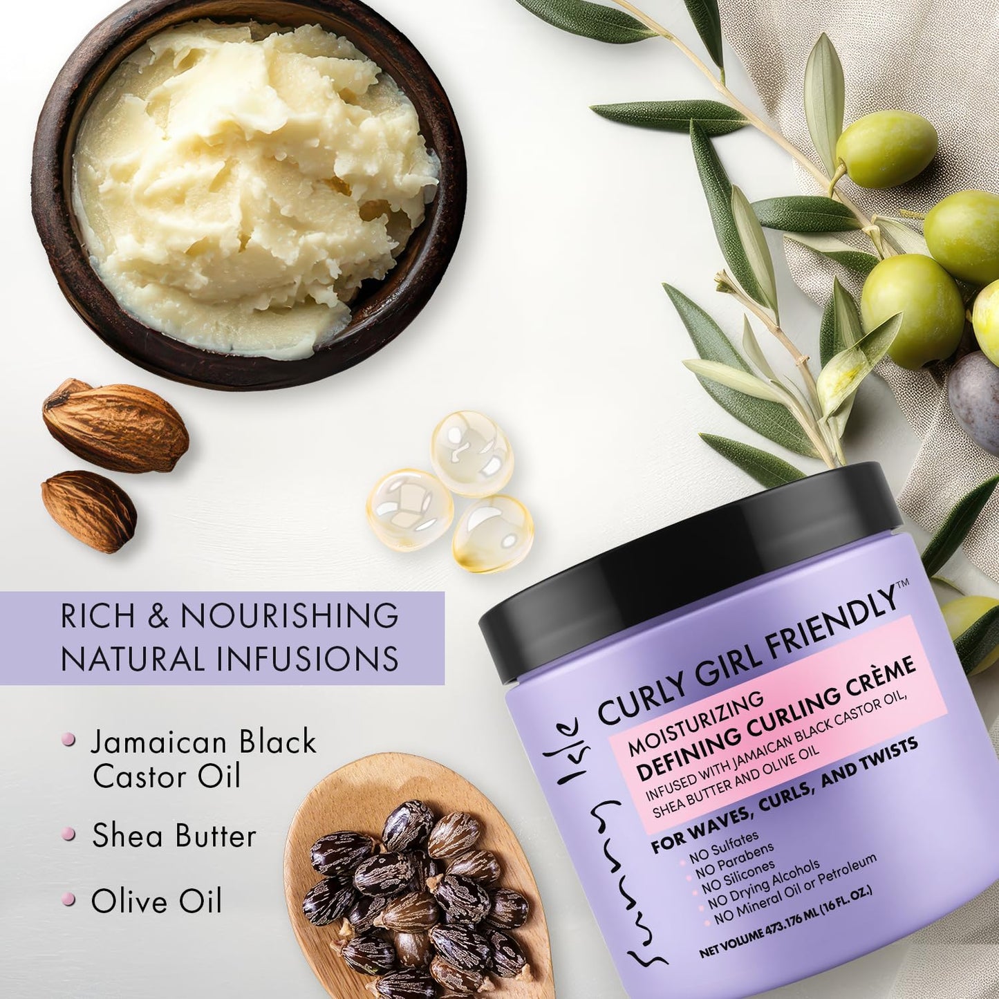 Curly Girl Friendly Curling Cream - Moisturizing Anti-Frizz Formula with Shea Butter & Castor Oil | 16 oz for Wavy, Curly & Coily Hair (2C–4C)