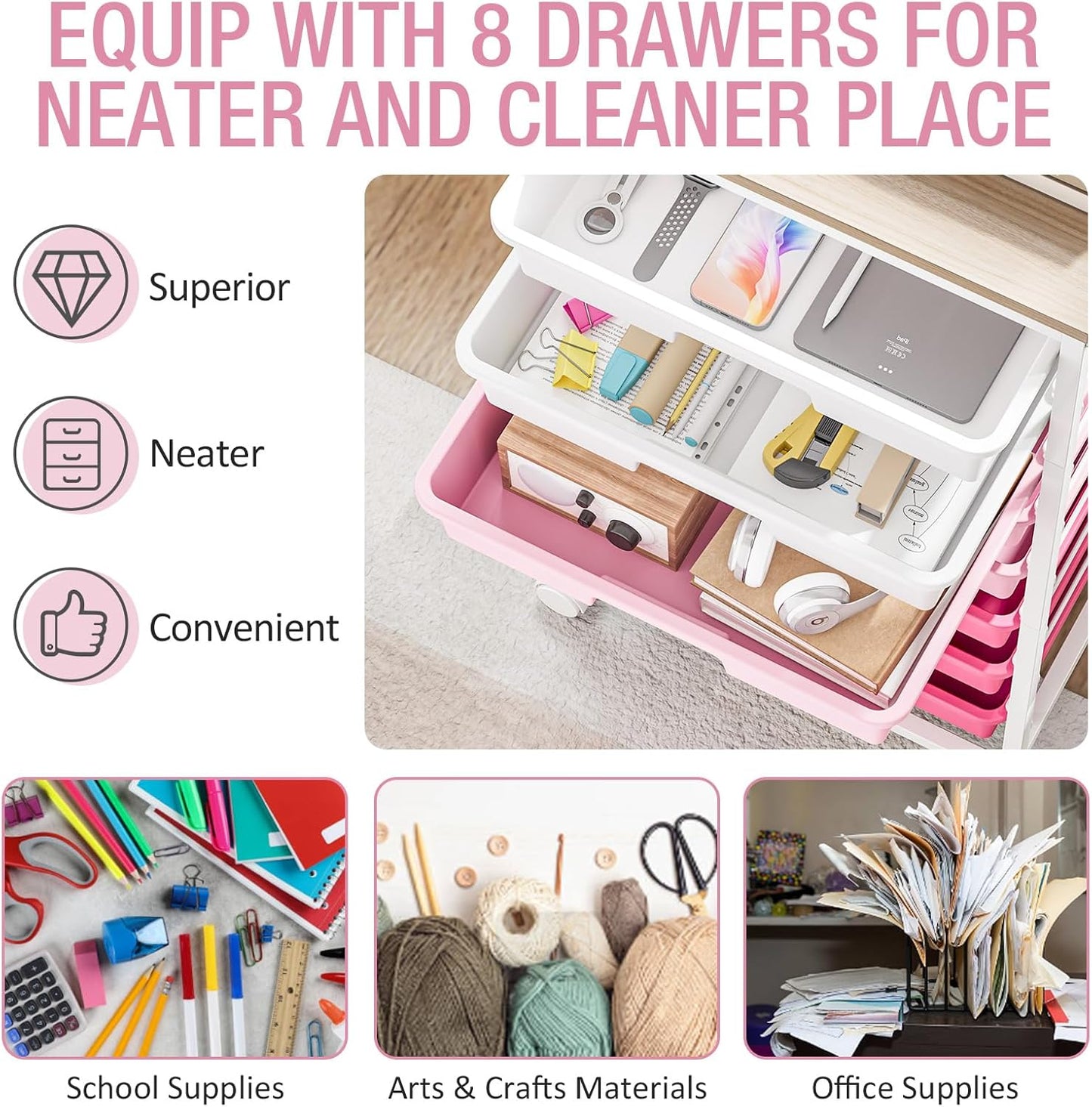 Rolling Cart with Drawers - Pink Storage Cart with 8 Plastic Drawers & Wooden Tabletop | Ideal for Crafts & Teachers