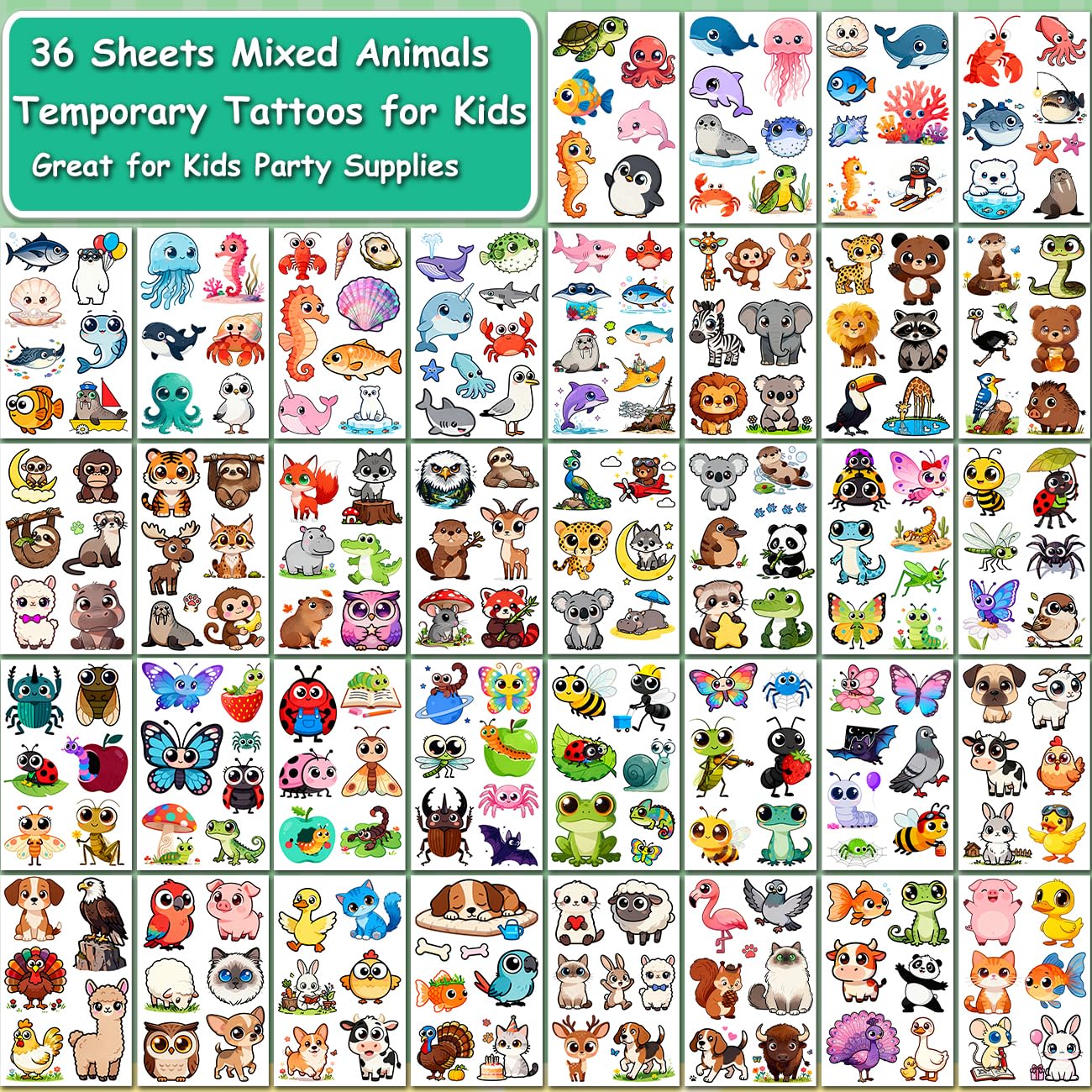 CHARLENT Animals Temporary Tattoos for Kids - 36 Sheets Cute Animals Tattoo Stickers for Boys Girls Birthday Party Supplies,Goodie Bag Stuffers & Decoration