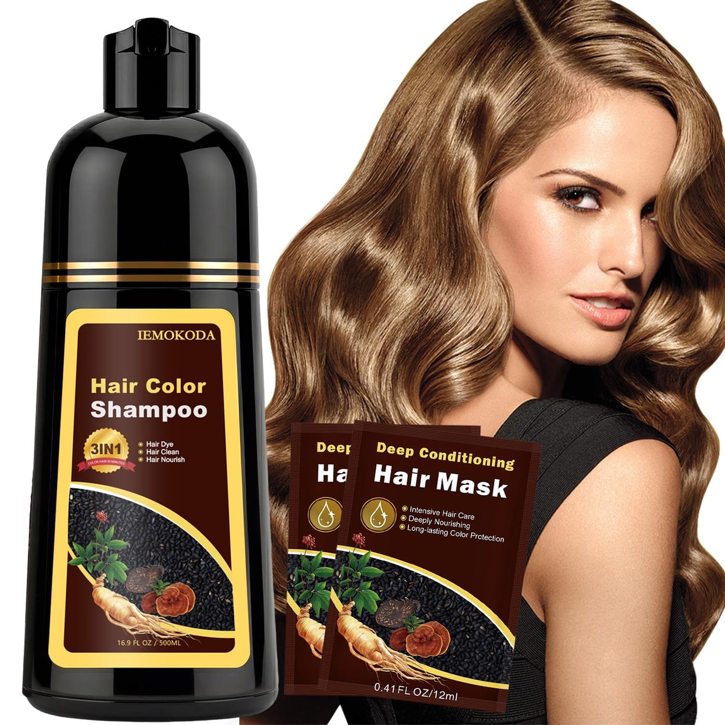 Instant Black Hair Dye Shampoo - 100% Gray Coverage | Herbal Formula, 3-in-1 Care, 500ML