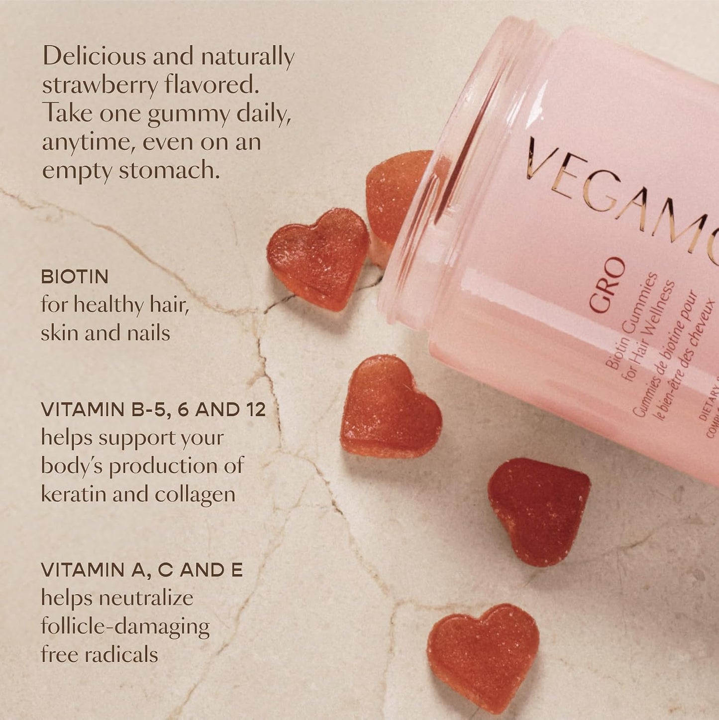 VEGAMOUR GRO Biotin Gummies - Strawberry Flavor, 5000 mcg Biotin for Healthy Hair | 30 Vegan Gummies with Vitamins A, B, C, E, B-12