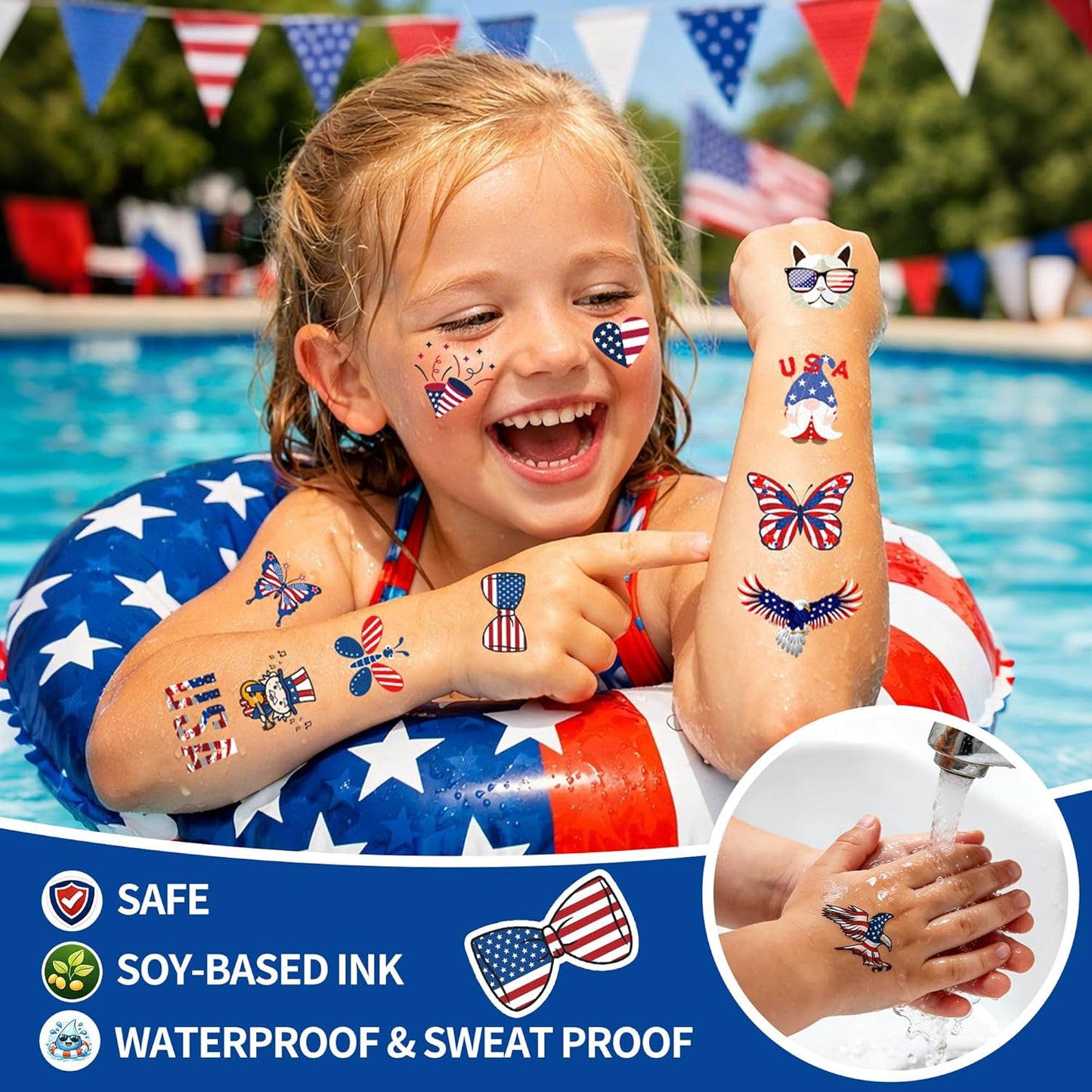 150PCS 4th of July Temporary Tattoos - Patriotic USA Flag Designs for Kids | Independence Day Party Favors & Decorations