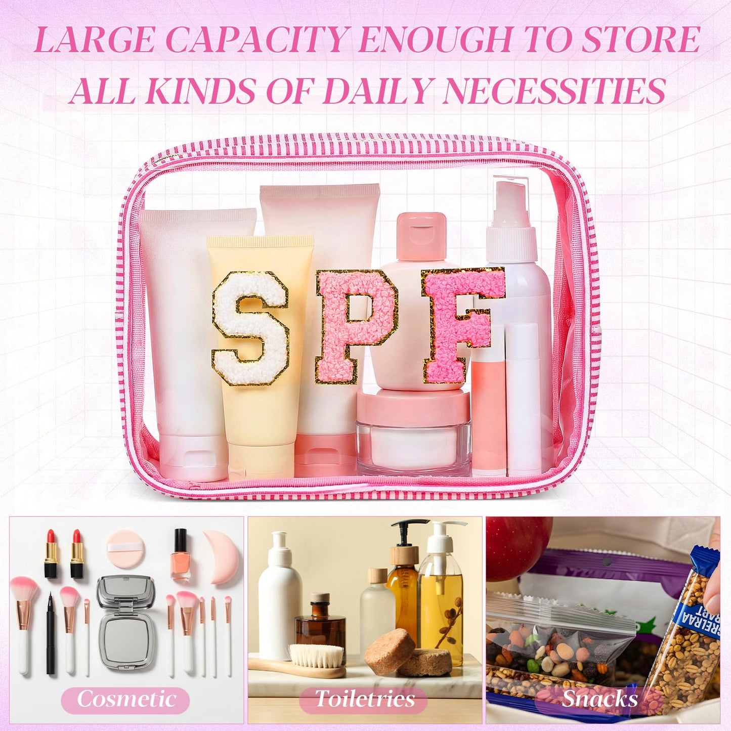 Sanwuta Seersucker SPF Bag Chenille Letter Clear Makeup Bag Preppy Travel Toiletry Pouch Large Striped Storage Organizer for Women Suncare Cosmetic Case(Rose Red)