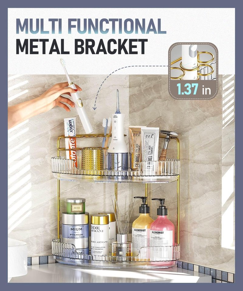 Acrylic 2-Tier Corner Bathroom Organizer - Makeup & Skincare Storage with Brush Holder | Clear