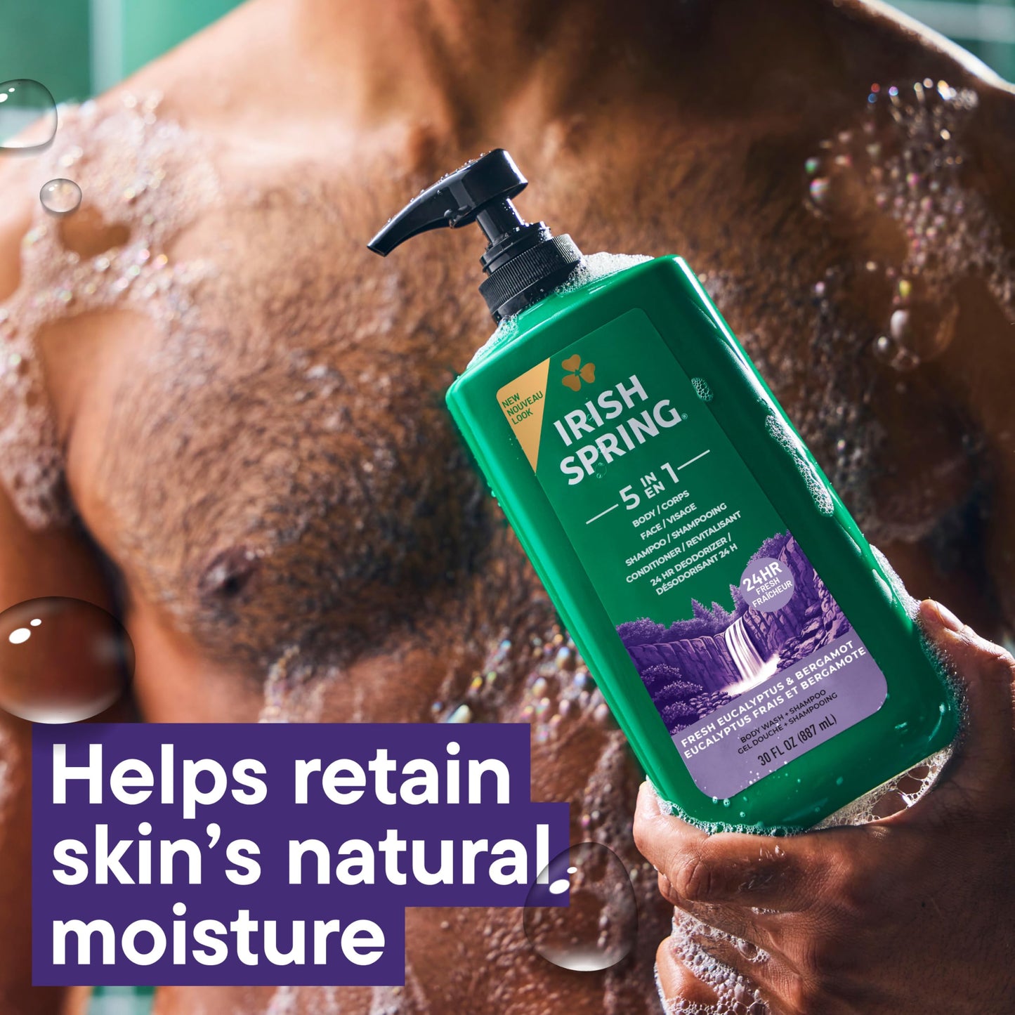 Irish Spring 5 in 1 Moisturizing Body Wash for Men, Shampoo, Conditioner, Body and Face Wash, and 24 Hour Deodorizer, Paraben-Free, Fresh Eucalyptus & Bergamot Scent, 30 fl oz - Packaging may vary