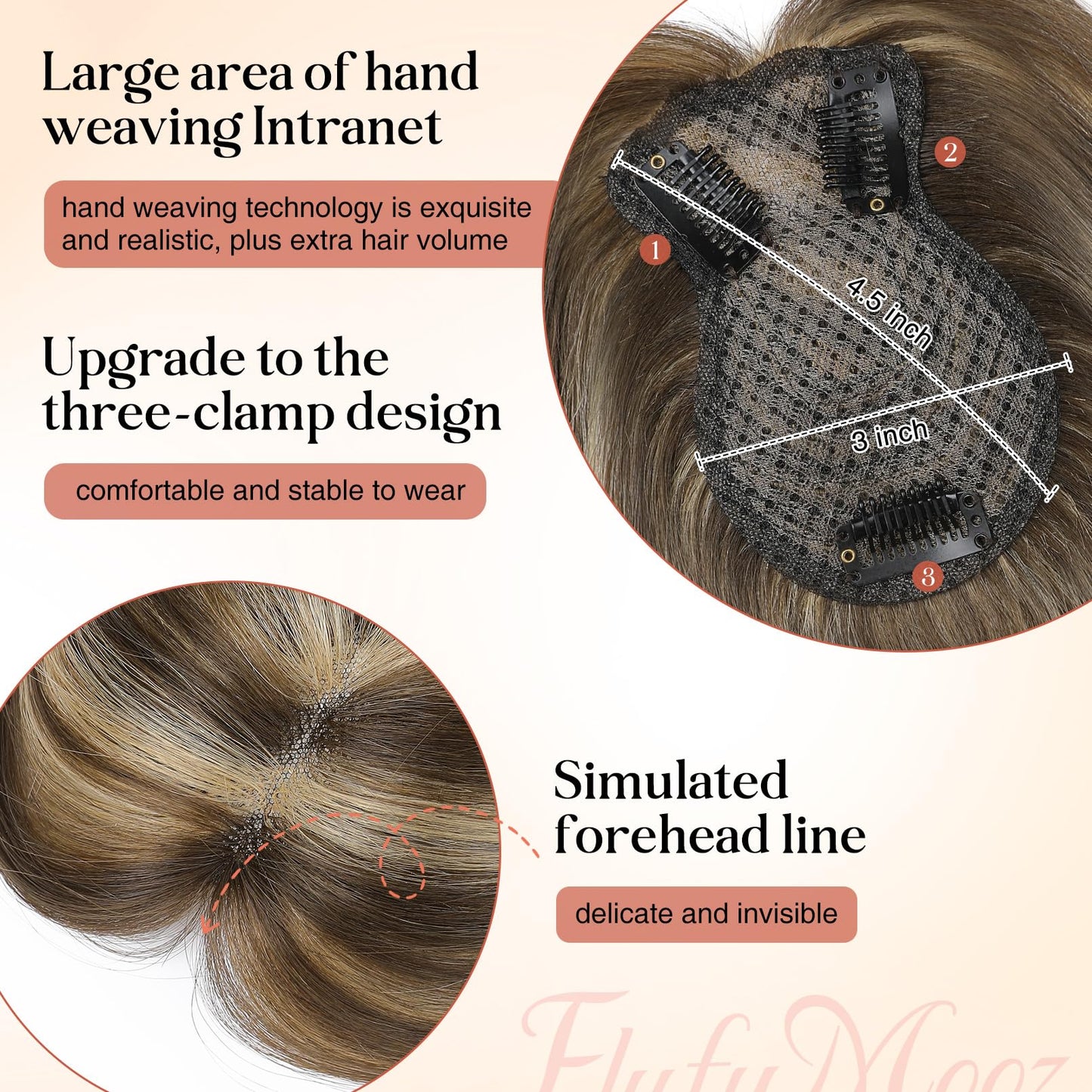 Flufymooz 100% Real Human Hair Toppers for Women, 10 Inch Clip in Human Hair Topper for Thinning Hair, 360°3D Cover Clip in Bangs Natural Hairpiece With 4.5'' x 3'' Silk Base