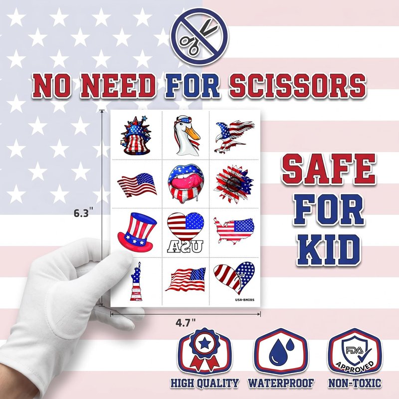 Fourth of July Patriotic Temporary Tattoos - 96PCS USA Flag Designs for Kids & Adults | Perfect Party Favors & Independence Day Accessories