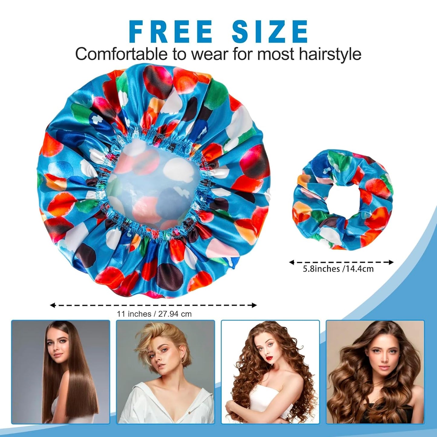 Shower Cap Set of 4 - Reusable Waterproof Double Layer Hair Caps + 2 Satin Scrunchies | Pattern A