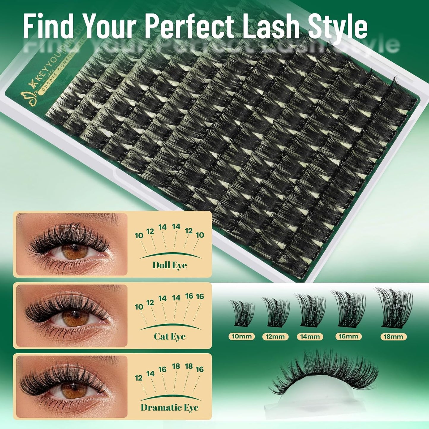 KEYYOU Eyelash Clusters - 132pcs D Curl DIY Lash Extensions | Thick, Soft, Wispy Mix (10-18mm)