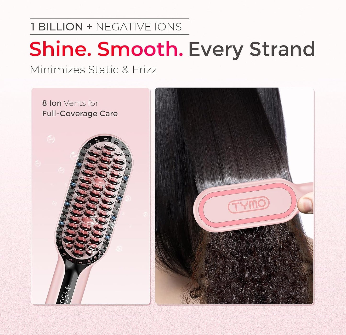 Tymo Hair Straightener Brush - Ionic Compact Styling Tool for Women | Fast, Lightweight & Travel-Friendly, Pink