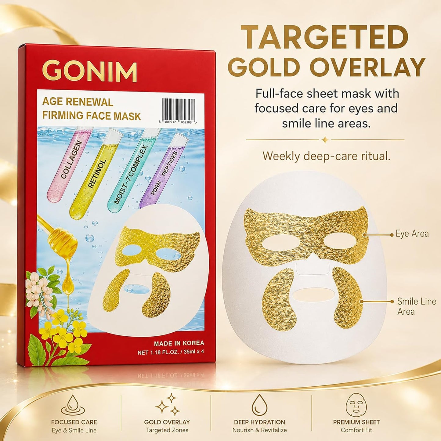 Korean Face Mask - Hydrating Sheet Mask with Retinol & Collagen | 4pcs for Dry Skin & Fine Lines