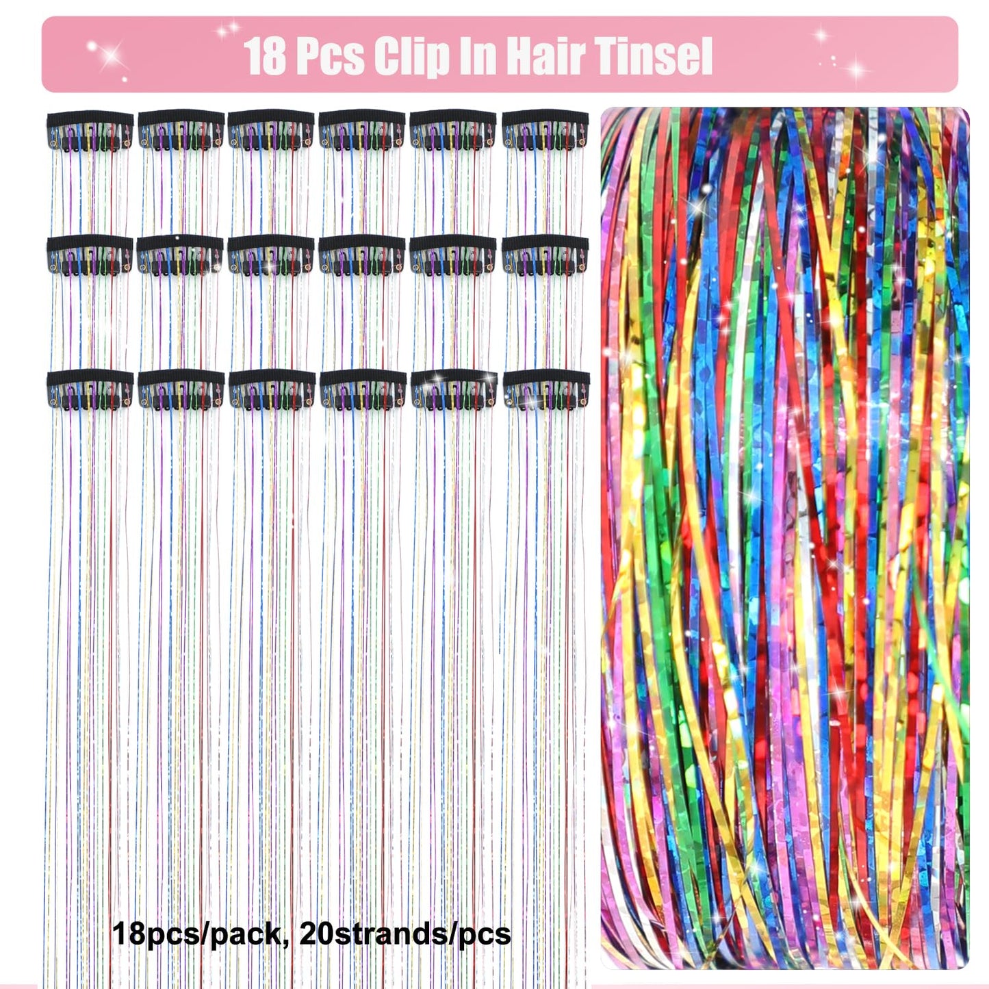 Aokomisu Hair Tinsel Clip in Pack of 18 Pcs Clip in Hair Tinsel Glitter Tinsel Hair Extensions 20 Inch Fairy Hair Clips Sparkling Hair Accessories for Girls Kids Women (Colorful-18 Pcs)