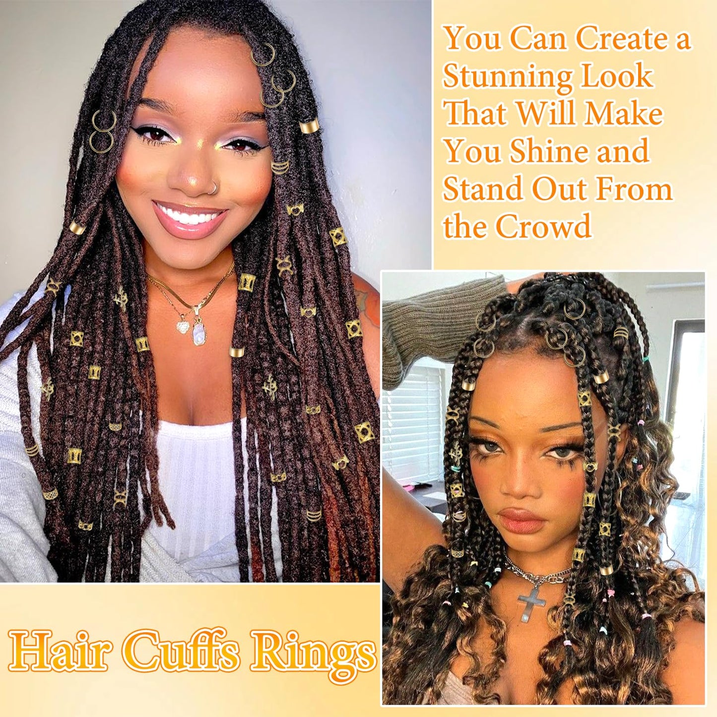 NAISKA 220 PCS Gold Hair Jewelry for Braids Hair Cuffs Rings Loc Jewelry for Women Dreadlock Hair Charms Stylish Box Hair Accessories for Women Men